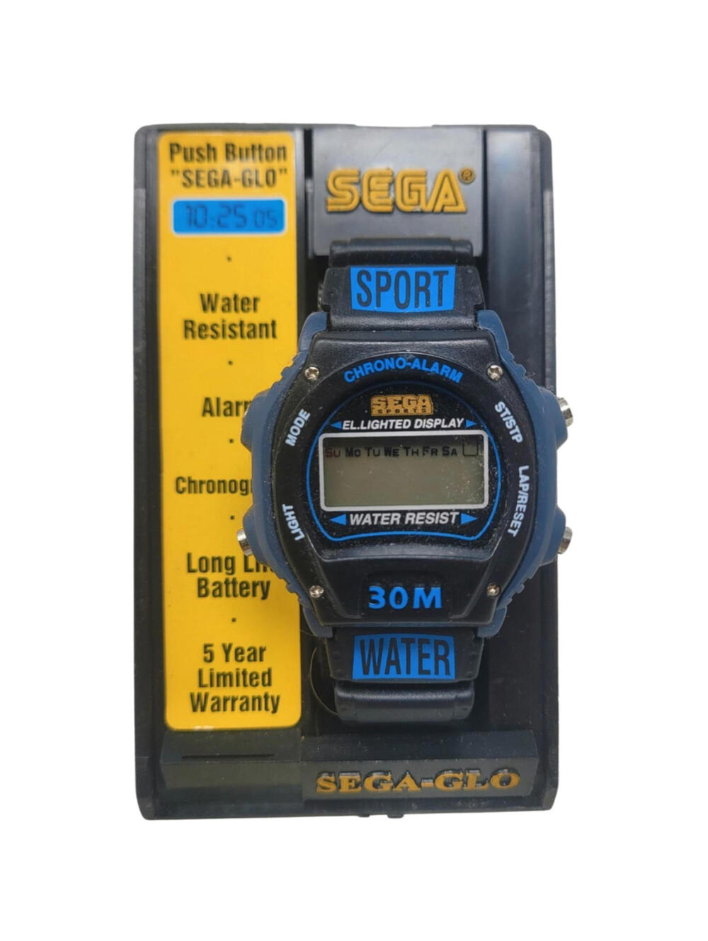 VINTAGE SEGA SPORTS GLOW DIAL WRIST WATCH NOS GENESIS 30M Black Blue Water Resis